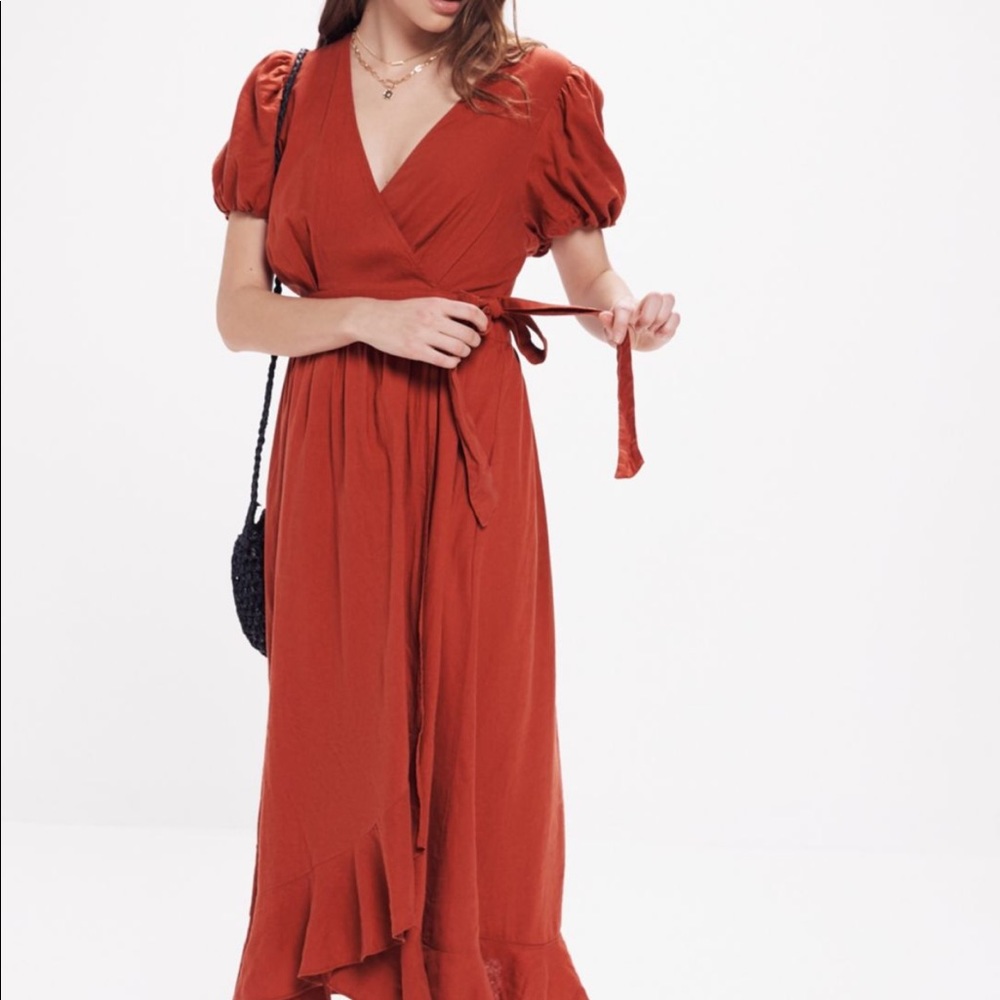 Women Urban Outfitters linen midi wrap dress